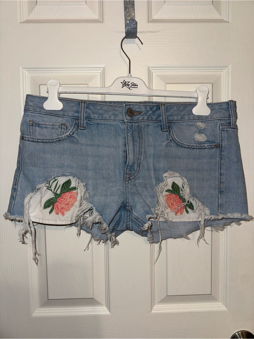 Express Light Blue Distressed Denim Shorts with Pink Rose Embroidery